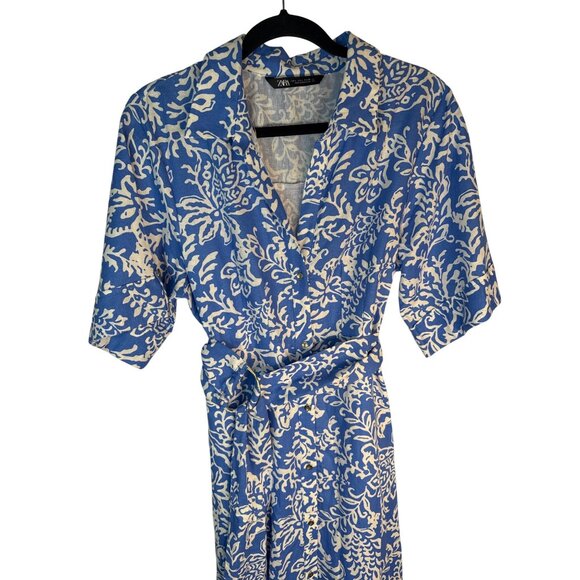 ZARA Large Blue & White Floral Belted Button-Down Midi Dress L Linen Blend Moroc - Picture 6 of 16
